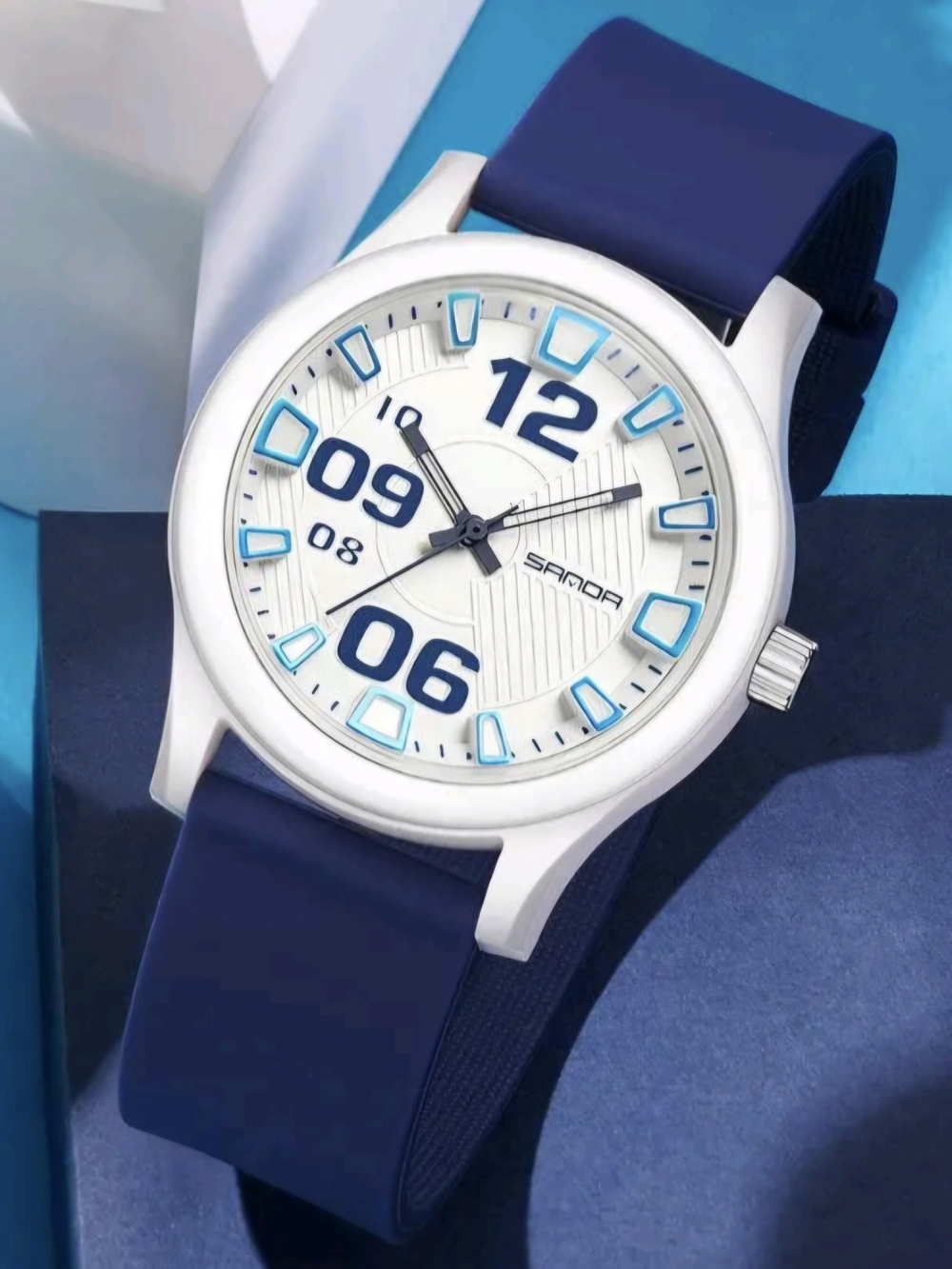 Womens Fashion Wrist watch, 38MM Large Face Easy to Read Waterproof. Blue/White